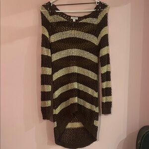 Charming Charlie Brown & Cream Open-Knit Striped Long Sweater / Dress